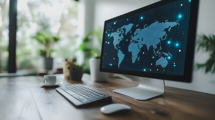 Poster - Global Network on Display: A sleek desktop computer showcases a vibrant world map graphic, symbolizing global connectivity and digital innovation.