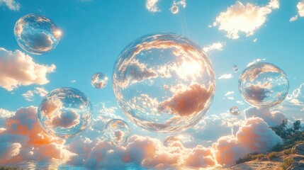 Giant glass spheres containing different weather systems floating in sky