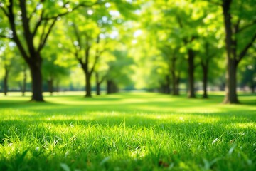 Wall Mural - Close-up of vibrant green grass in focus with sunlight shining through a row of trees in the background. Natural, peaceful outdoor concept. Ai generative