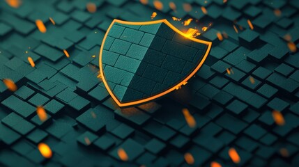 Poster - glowing shield icon protecting a network of interconnected devices from incoming cyberattacks, visua