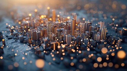 Poster - Futuristic cityscape with glowing data streams flowing into a central AI hub, visualizing the use of AI in smart cities and data driven decision making.