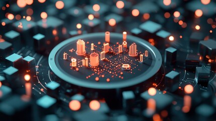 Poster - futuristic city with interconnected devices and sensors collecting and exchanging data, visualizing 