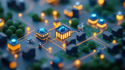 Poster - Industrial setting with glowing machines and robots connected through a network, representing the role of IoT in industrial automation and Industry 4.0.