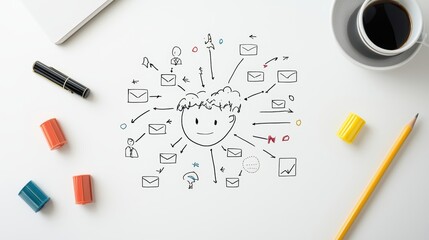 Poster - a hand drawn organizational chart on a whiteboard, depicting the structure of a small startup compan