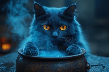 Wall Mural - witchs mystical black cat lounging beside a bubbling cauldron thick fog enveloping the scene glowing potion colors reflecting in its eyes under the eerie moonlight