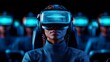 © Gefo - Immersive experience in virtual reality: woman wearing headset in a futuristic setting among peers enjoying technology