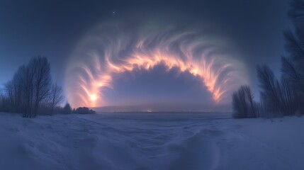 Winter sunrise with swirling clouds over snowy landscape.
