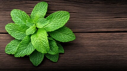 Wall Mural - Fresh green mint leaves arranged beautifully on a rustic wooden table, showcasing their vibrant and textured surface for culinary inspiration