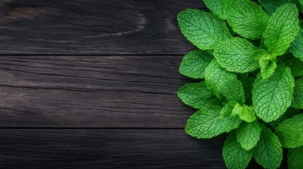 Wall Mural - Fresh mint leaves arranged on a rustic wooden table, showcasing vibrant green color and textured details of the leaves for culinary use