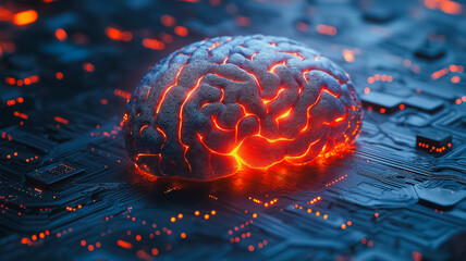 Poster - Brain Circuitry: A fiery, glowing brain rests on a complex circuit board, symbolizing the intersection of human intellect and artificial intelligence.