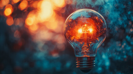 Poster - Glowing with Potential: A close-up of a lit incandescent light bulb against a blurry background of warm orange and cool blue hues. The bulb's warm glow symbolizes inspiration, innovation.