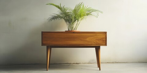 Poster - A wooden chest elevated on lengthy legs features a potted palm tree, creating a stylish and eye catching piece of furniture.