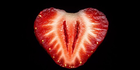 Poster - A detailed view of a freshly cut strawberry, showcasing its vibrant red color, set against a dark backdrop. The contrast highlights the freshness of the sliced fruit.