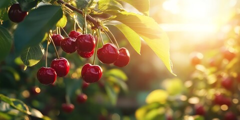 Poster - Fresh ripe cherries in the garden showcase the beauty of organic plants. The cherry tree offers a vibrant display of cherries, highlighting the essence of gardening and organic cultivation.