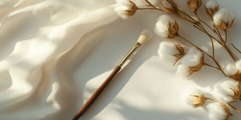 Fototapete - a detailed view of an embroidery brush is placed on a plain white card alongside cotton fabric, all 