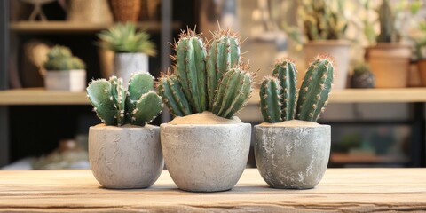 Poster - Retro style cactus in a pot placed on a wooden table, showcasing the unique charm of the cactus in pot setup, perfect for adding a vintage touch to any space with a cactus in pot decor.