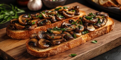 Poster - Crispy fried baguette slices topped with savory mushrooms, aromatic garlic, and flavorful herbs create a delectable dish. Enjoy the delightful combination of fried baguette slices and rich toppings.