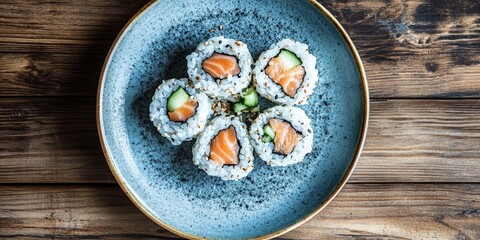 Poster - An overhead view showcases Asian cuisine on a blue plate, highlighting sushi rolls that contain rice, salmon, and cucumber, all set against a dark wooden backdrop.