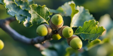 Poster - Close up of an oak branch showcasing vibrant green acorns. This oak branch highlights the beauty of nature, featuring green acorns that symbolize growth and renewal.
