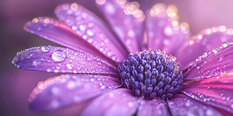 Poster - Close up of a stunning osteospermum flower adorned with morning dew, showcasing the intricate details and vibrant colors of the osteospermum flower under soft morning light.