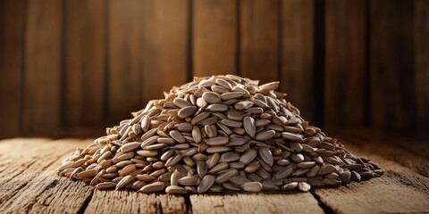 Poster - A heap of sunflower seeds arranged artistically on a wooden background, showcasing the natural beauty of sunflower seeds in a rustic setting. Perfect for highlighting sunflower seeds in photography.