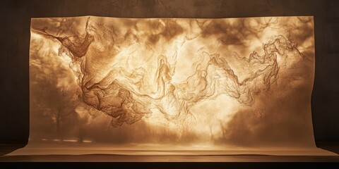 Poster - Artistic parchment illuminated by moody lighting, creating a unique atmosphere. The artistic parchment showcases intricate details highlighted by the soft, moody lighting for visual impact.