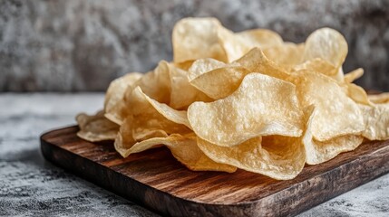 Poster - Fried rice paper chips displayed on a wooden board create an enticing visual against a gray background. Enjoy the crispy texture of rice chips that add flavor to any dish.