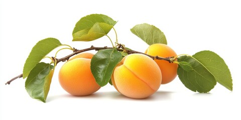 Poster - Isolated apricot with vibrant leaves on a clean white background, showcasing the fresh and natural appearance of the apricot and its accompanying foliage for an appealing presentation.