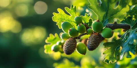 Poster - Close up of an oak branch showcasing vibrant green acorns. This oak branch highlights the beauty of nature, featuring green acorns that symbolize growth and renewal.