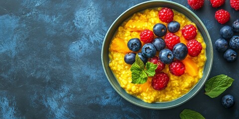 Poster - Millet porridge with pumpkin and berries served in a bowl on the table, perfect for baby food. This healthy breakfast option features millet porridge, offering a nutritious meal. Top view with copy
