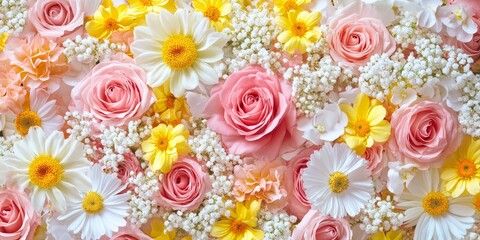 Poster - Bright floral background featuring roses, gypsophila, yellow daisies, and a variety of other flowers. This floral background is ideal for sending heartfelt wedding congratulations and celebrating