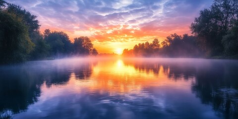 Poster - A serene photo capturing the beauty of sunrise on a river during morning time, showcasing the tranquil reflections and vibrant colors that characterize a peaceful sunrise on the river.