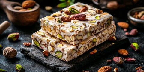 Poster - Organic nougat featuring honey, pistachio, hazelnut, and almond nuts displayed on a rustic dark background, showcasing the delightful textures and flavors of organic nougat.