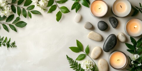 Poster - Spa arrangement featuring candles, stones, and green leaves displayed on a serene light background, creating a tranquil atmosphere perfect for a relaxing spa experience.