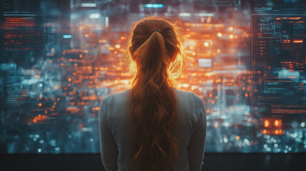 Poster - Woman Gazing at Futuristic Cityscape 