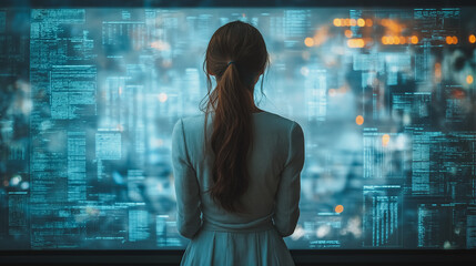 Poster - Woman Gazing into the Digital Future: A contemplative woman stands before a vast digital screen, her back to the viewer, as she gazes into a futuristic cityscape of data and code.