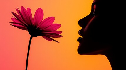 Poster - Woman's silhouette smelling a pink flower.