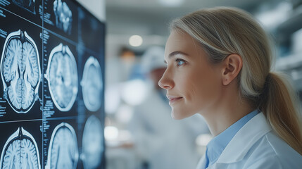 Poster - Focused Doctor Reviewing Brain Scans 