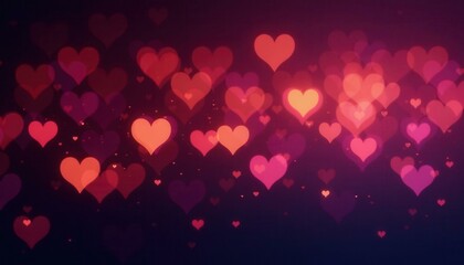 Abstract background with blurry heart shape lights floating against a dark backdrop creating a romantic and festive mood, bokeh shapes for st valentines day or love themed events.