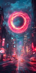 Wall Mural - A vibrant city street under a surreal, glowing portal in the sky, blending reality and fantasy.