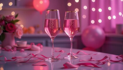 Two champagne glasses filled with pink bubbly with bubbles, sitting on a table with pink ribbons, a balloon, flowers and bokeh lights, celebration of a special moment or romantic getaway concept.