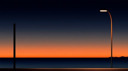 Poster - Solitary streetlight illuminates sunset over calm ocean.