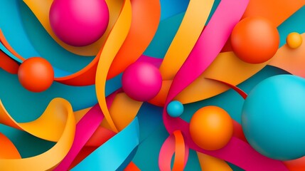 Sticker - Vibrant 3D Design Composition with Spheres,Ribbons,and Geometric Shapes