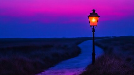 Poster - Illuminated lamppost on path at twilight.