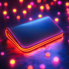 Poster - Neon Wallet: A sleek, modern wallet with a glowing neon outline, resting amidst a field of vibrant, glowing orbs. The image captures a sense of futuristic style and technological advancement.  