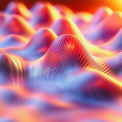 Poster - Abstract Wavy Surface: A mesmerizing abstract background featuring a dynamic wavy surface in vibrant hues of blue, orange, and red, reminiscent of a futuristic cityscape.