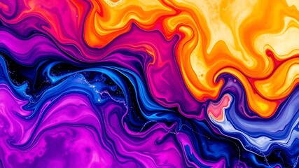 Wall Mural - Vibrant swirls of purple, blue, and orange acrylic paint create an abstract fluid art background.