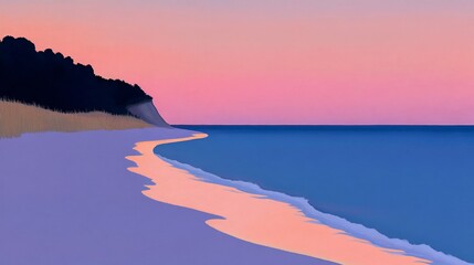 Poster - Serene sunset over tranquil beach with gentle waves and cliff.