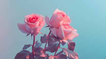 Wall Mural - Elegant Pink Roses on a Soft Blue Background