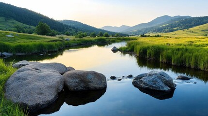 Poster - Calm river flowing through serene mountain valley at sunset.